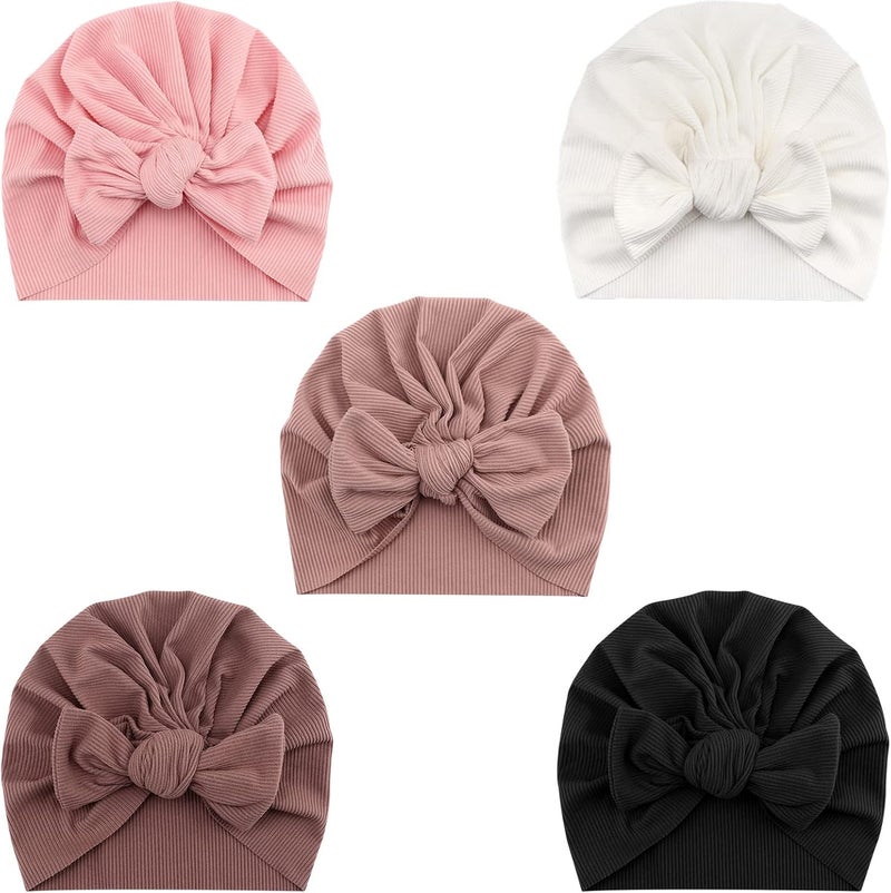 DRESHOW BQUBO 5 Pieces Newborn Baby Turban Hats Bow Baby Infant Beanie Breathable Toddler Cap for Baby Girls - Image 1